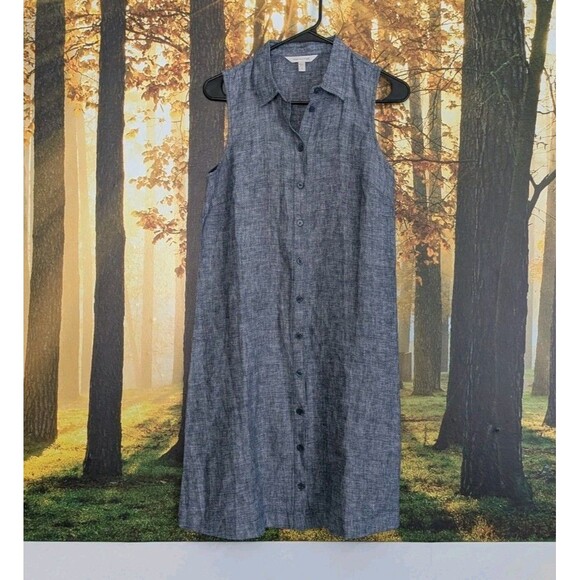 Garnet Hill Dresses & Skirts - Garnet Hill 100% Linen Shirt Dress Women's Sz 0 Blue Button Up Collar Casual
